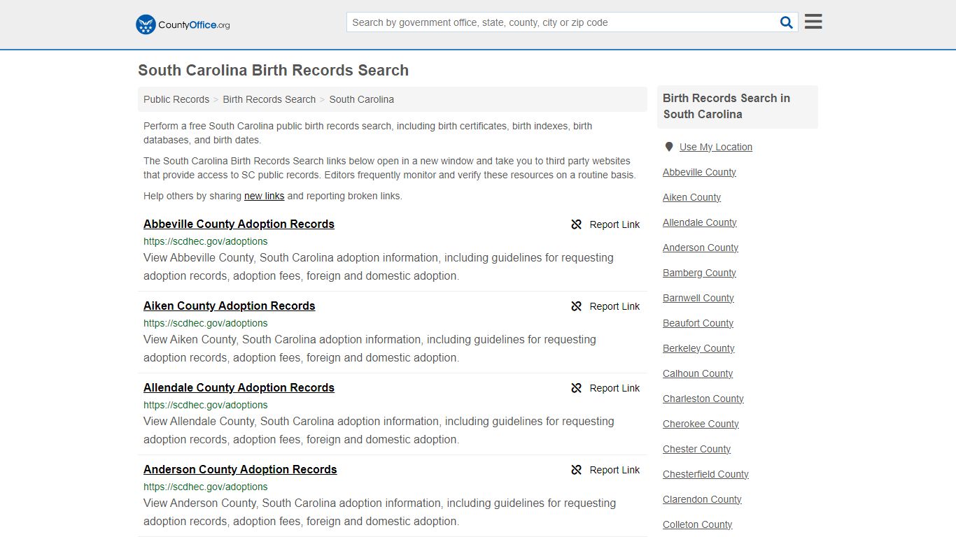 South Carolina Birth Records Search - County Office