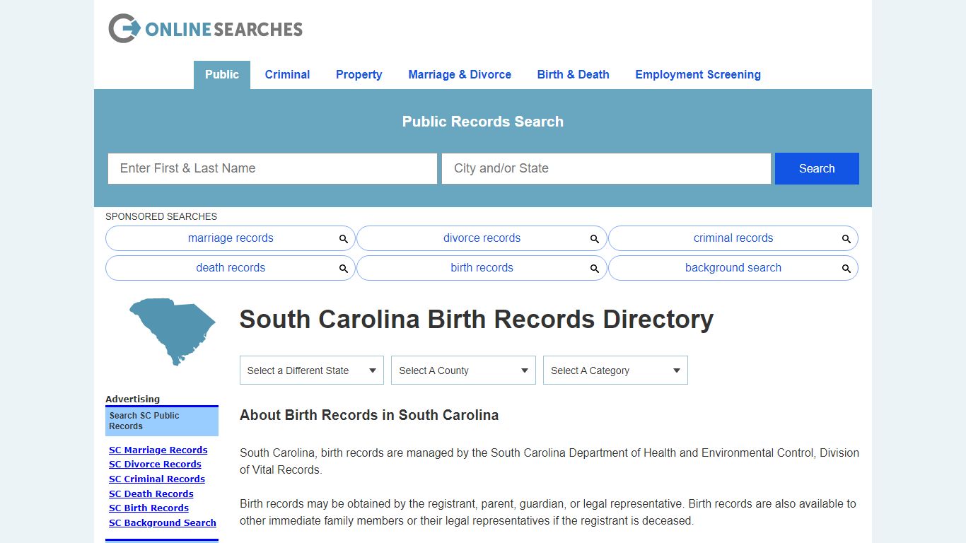 South Carolina Birth Records Search Directory